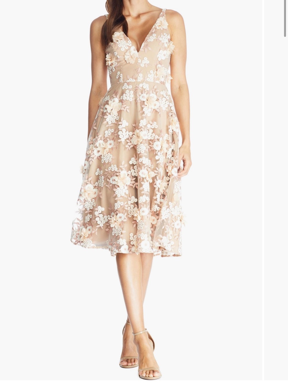 Dress the Population Floral Appliqué Midi Dress - Nude/White